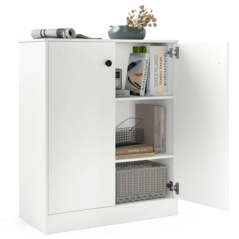 2 Door Storage Cabinet, 3-Tier Shelf, White