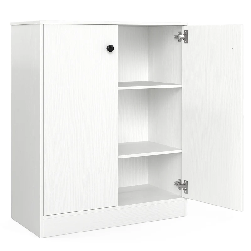 2 Door Storage Cabinet, 3-Tier Shelf, White