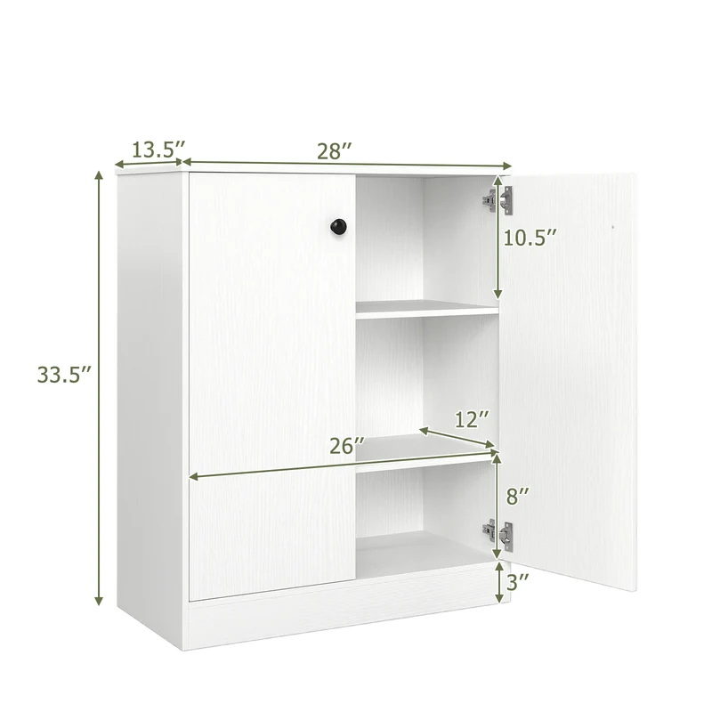 2 Door Storage Cabinet, 3-Tier Shelf, White