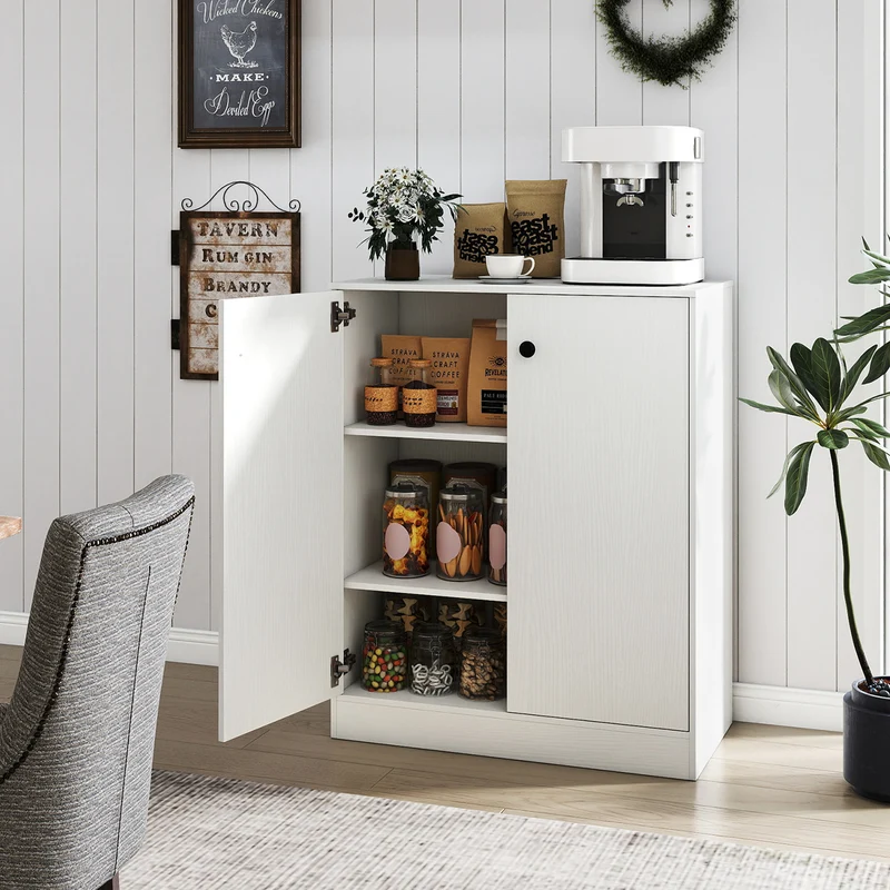 2 Door Storage Cabinet, 3-Tier Shelf, White
