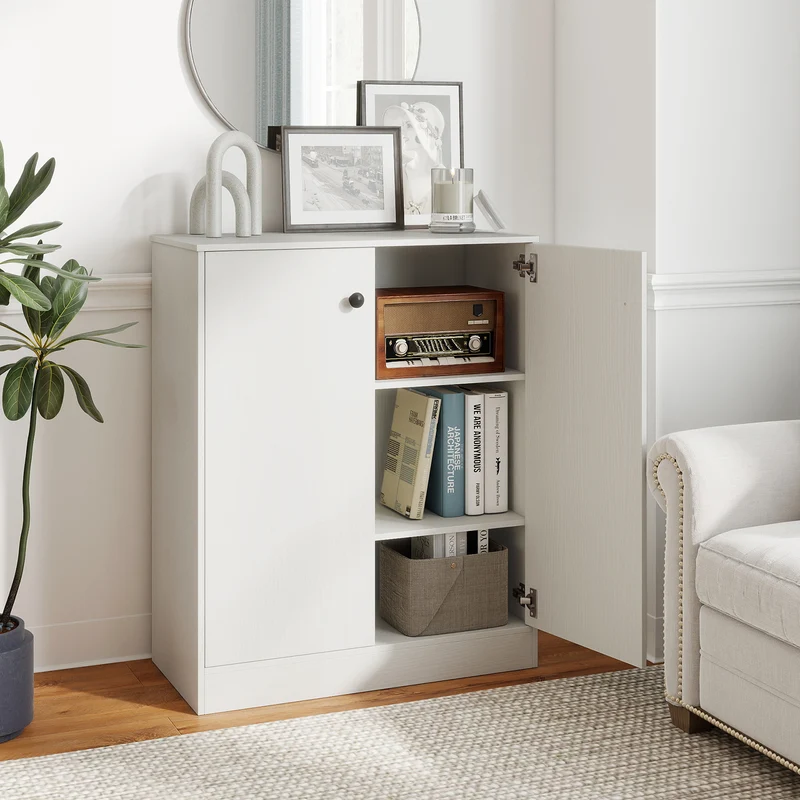 2 Door Storage Cabinet, 3-Tier Shelf, White