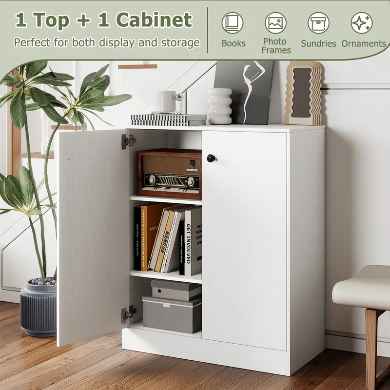 2 Door Storage Cabinet, 3-Tier Shelf, White