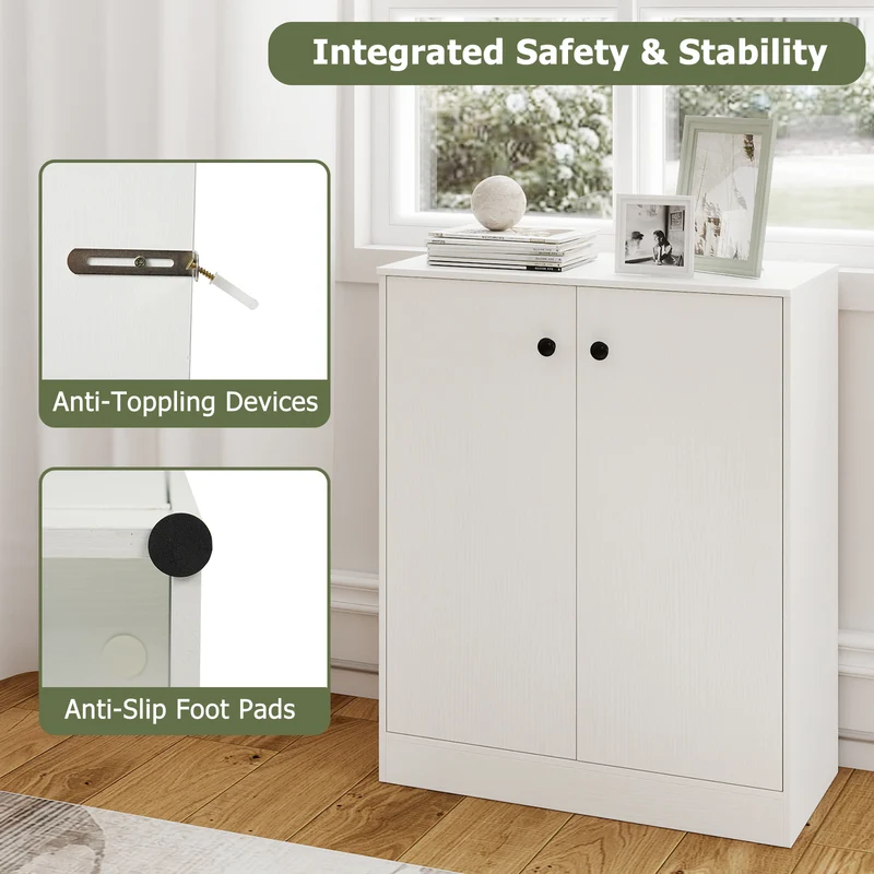 2 Door Storage Cabinet, 3-Tier Shelf, White