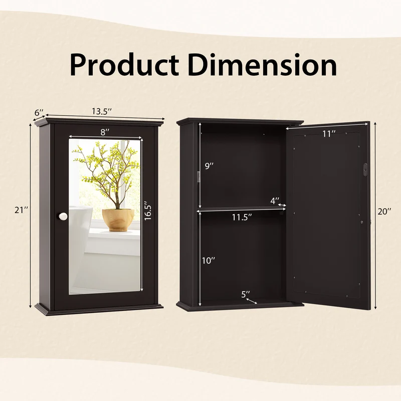 Bathroom Wall Cabinet with Single Mirror Door, Brown