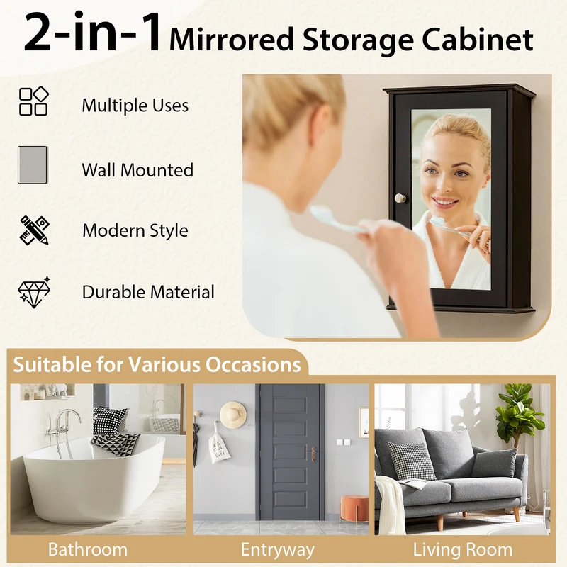 Bathroom Wall Cabinet with Single Mirror Door, Brown