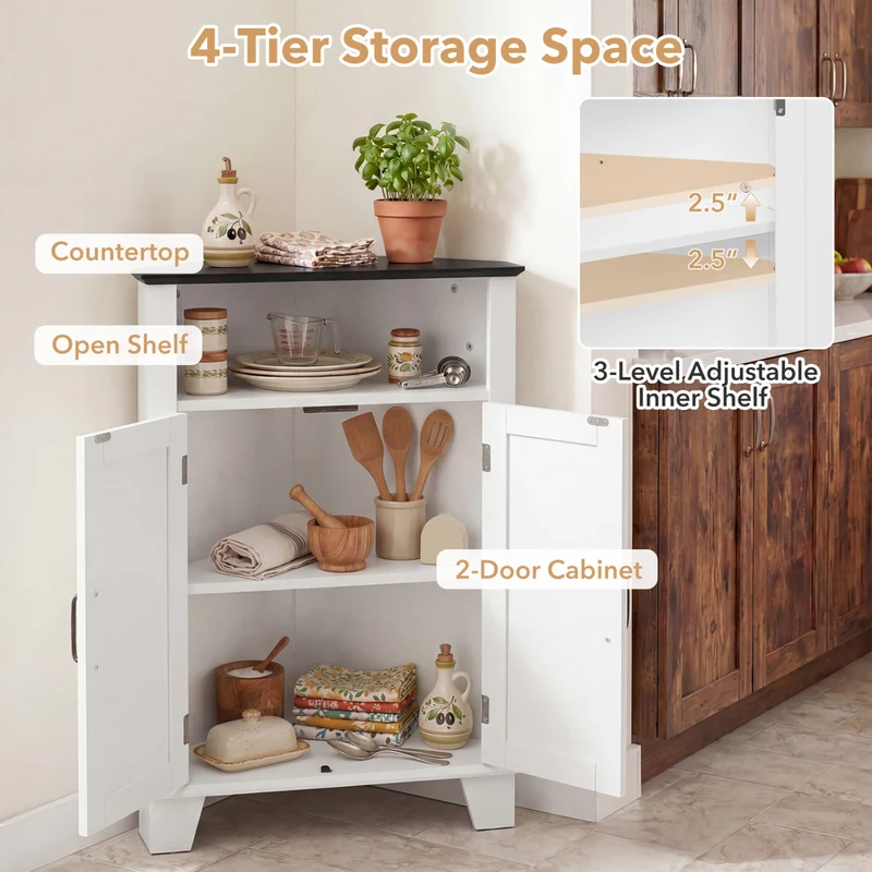 4-Tier Corner Storage Cabinet, Open Shelf, White