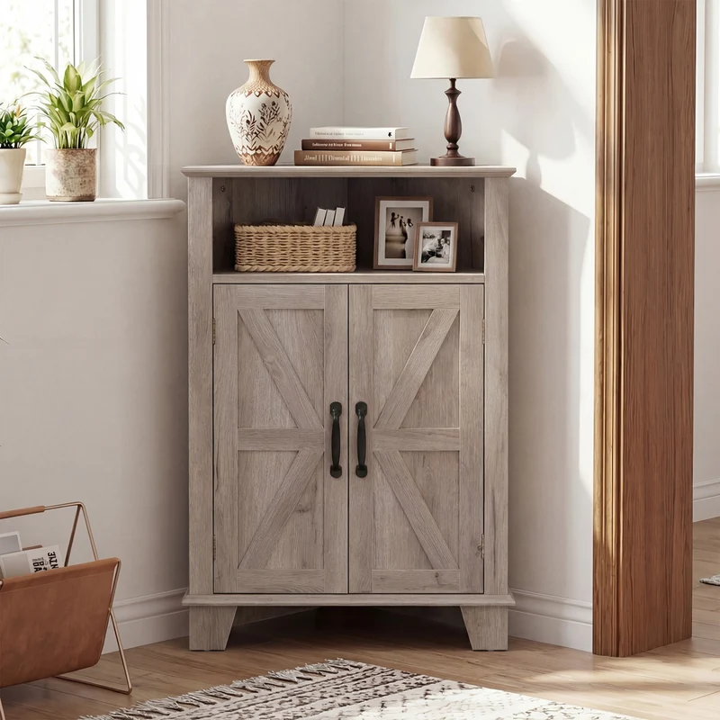 4-Tier Corner Cabinet With Open Shelf, Gray