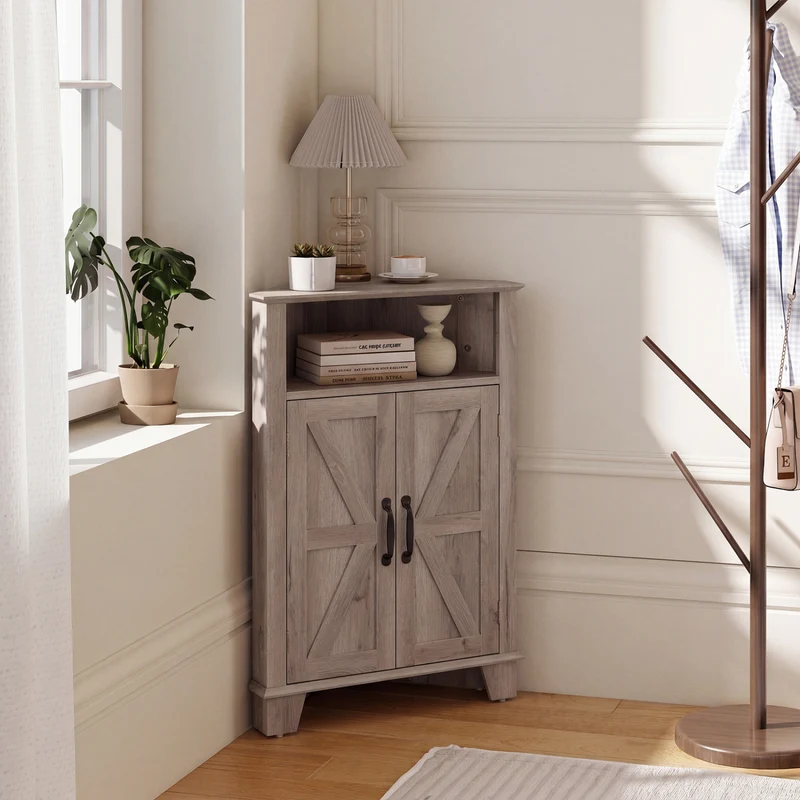 4-Tier Corner Cabinet With Open Shelf, Gray