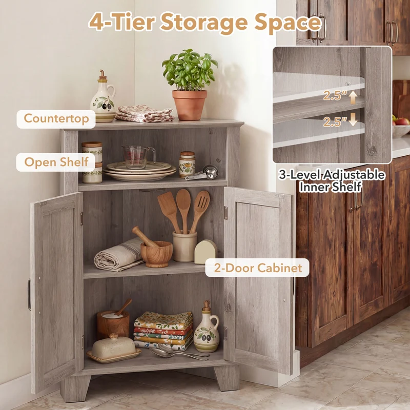 4-Tier Corner Cabinet With Open Shelf, Gray
