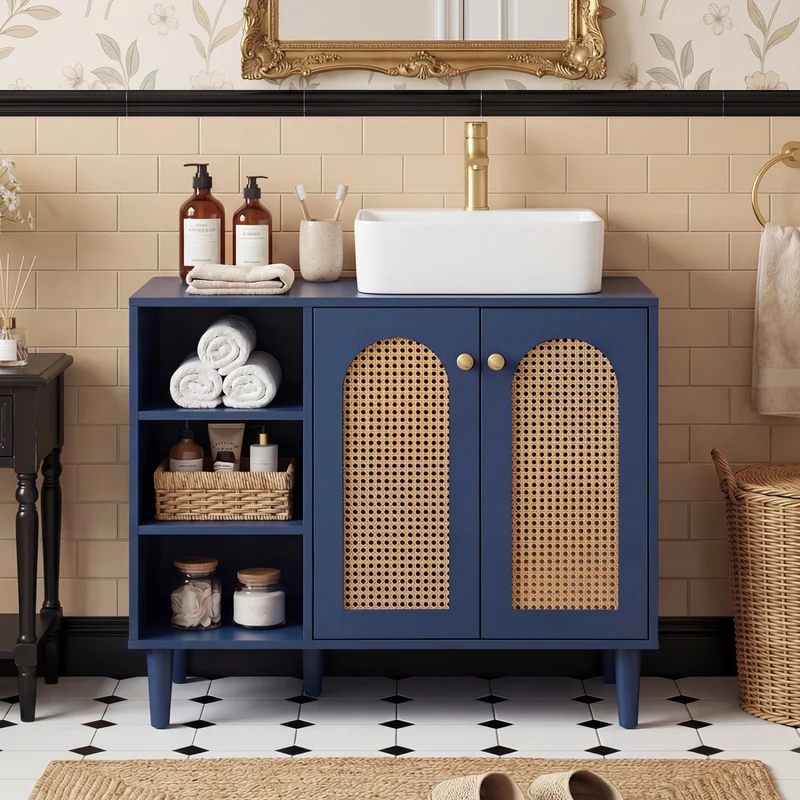36 Inch Under Sink Cabinet, Boho Sink Base, Navy