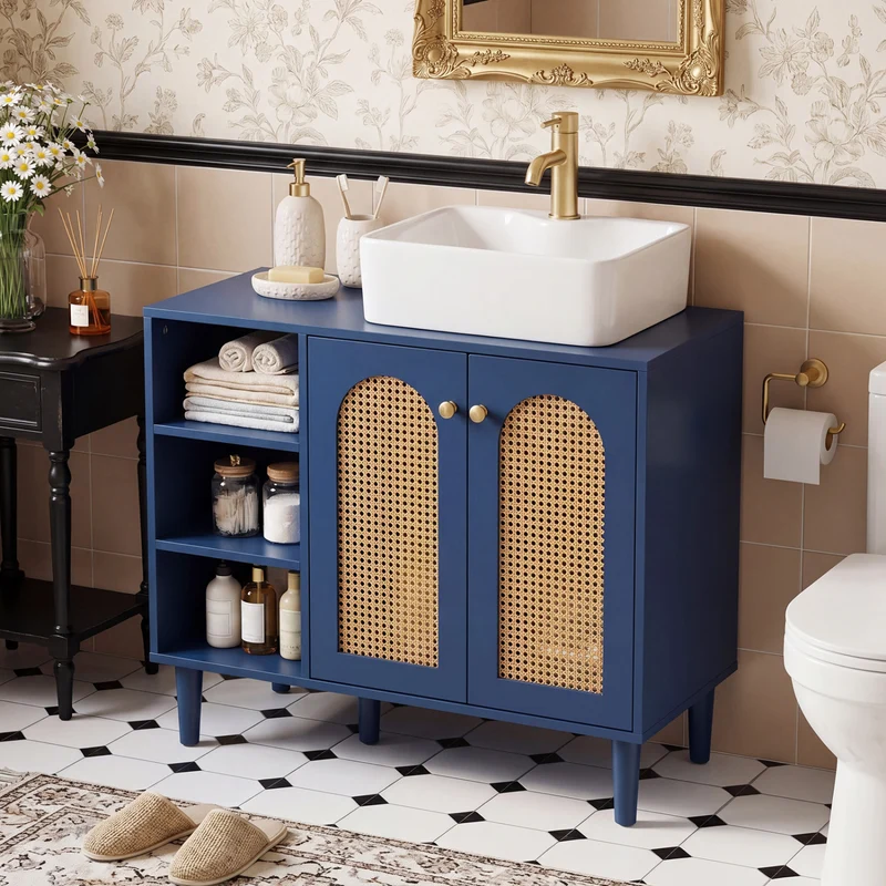 36 Inch Under Sink Cabinet, Boho Sink Base, Navy