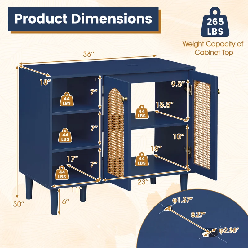 36 Inch Under Sink Cabinet, Boho Sink Base, Navy