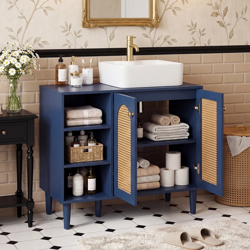 36 Inch Under Sink Cabinet, Boho Sink Base, Navy