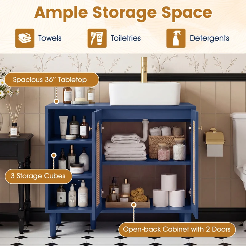 36 Inch Under Sink Cabinet, Boho Sink Base, Navy