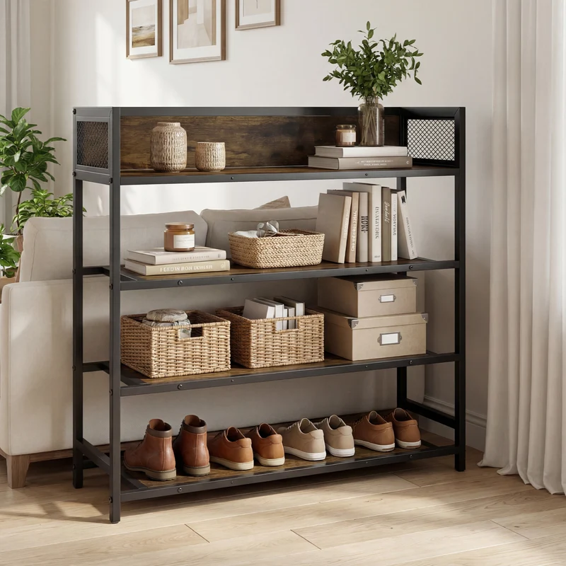 4-Tier Shoe Rack, Industrial Metal Frame, Rustic Brown