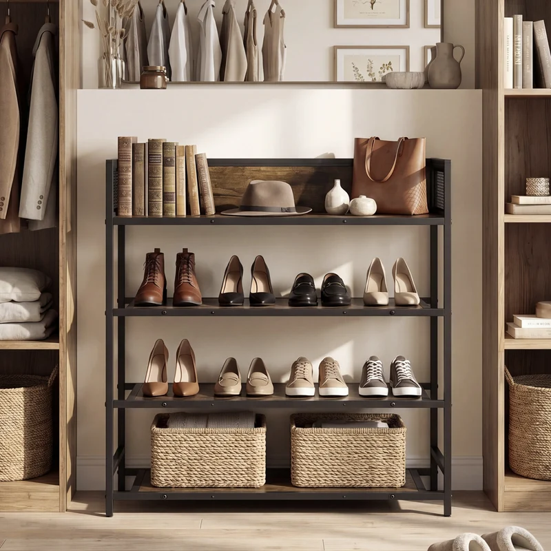 4-Tier Shoe Rack, Industrial Metal Frame, Rustic Brown