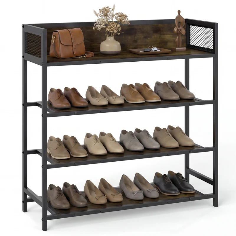 4-Tier Shoe Rack, Industrial Metal Frame, Rustic Brown