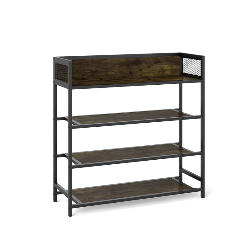 4-Tier Shoe Rack, Industrial Metal Frame, Rustic Brown