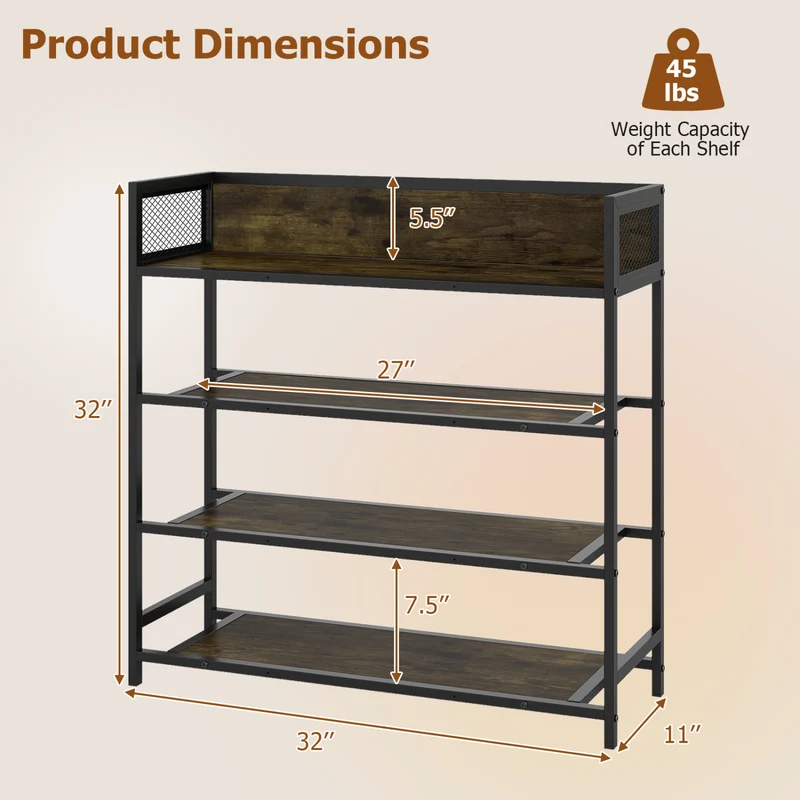 4-Tier Shoe Rack, Industrial Metal Frame, Rustic Brown