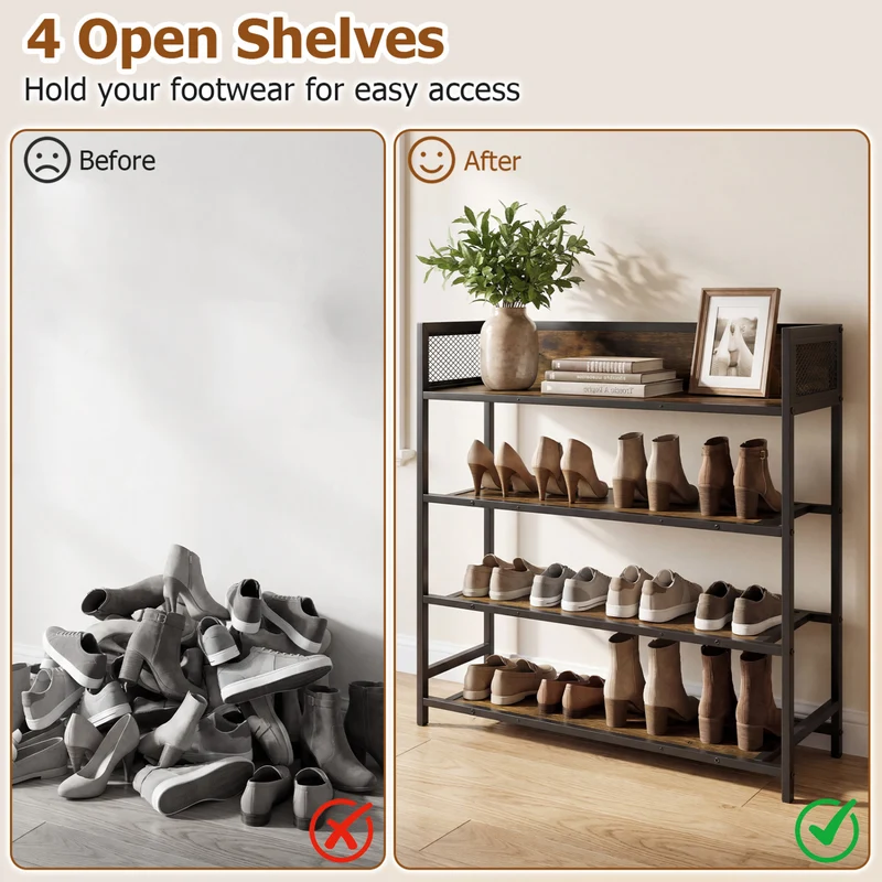 4-Tier Shoe Rack, Industrial Metal Frame, Rustic Brown