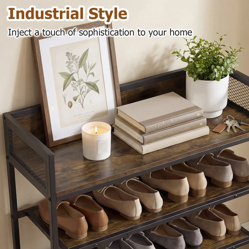 4-Tier Shoe Rack, Industrial Metal Frame, Rustic Brown