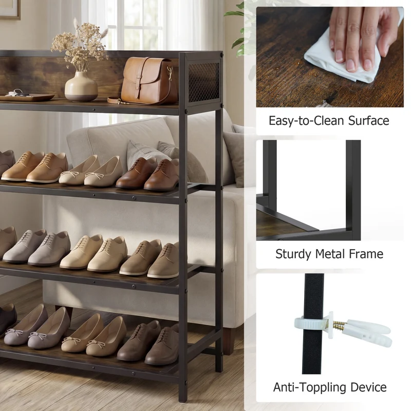 4-Tier Shoe Rack, Industrial Metal Frame, Rustic Brown