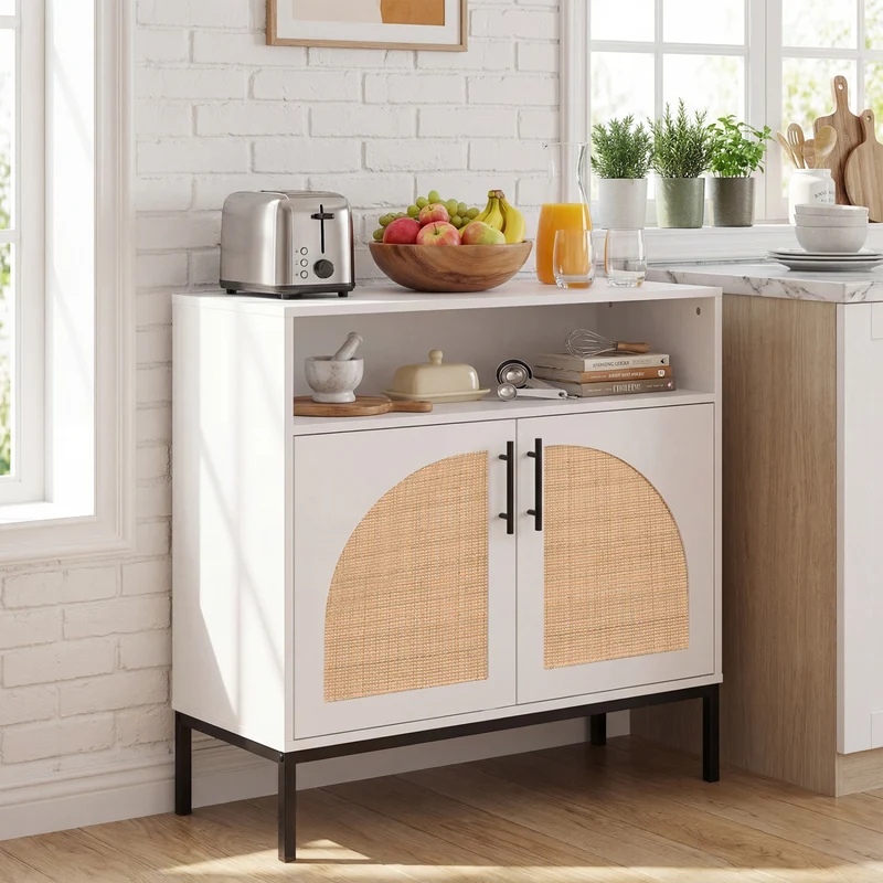 32" Sideboard Buffet Cabinet with Rattan Doors, White