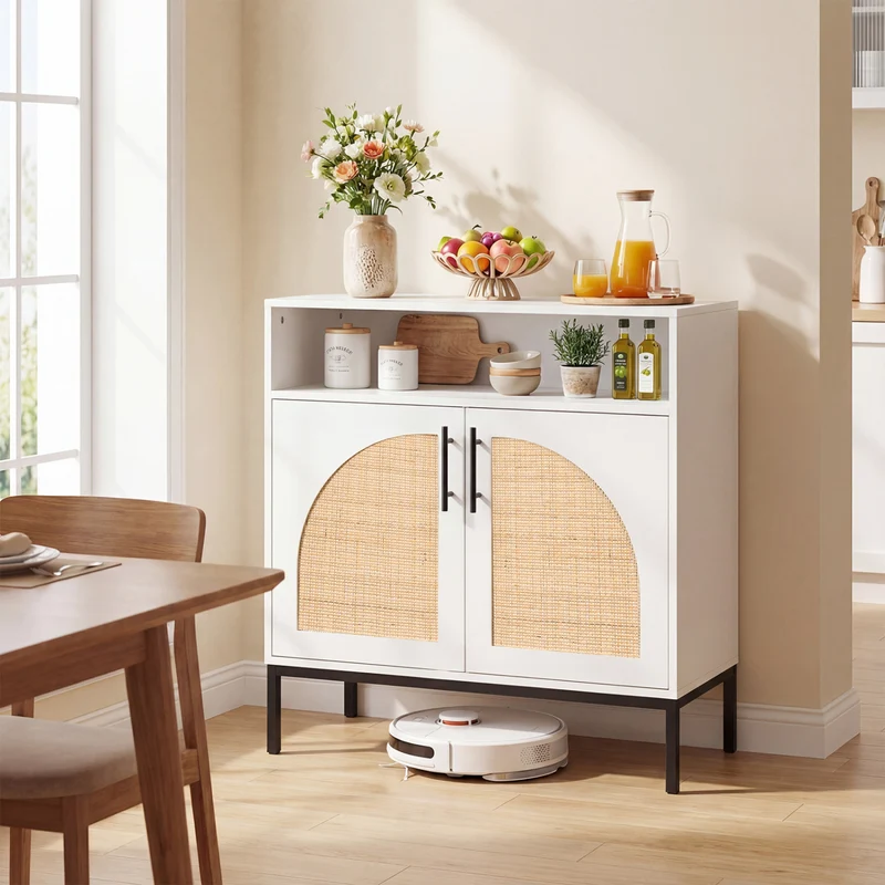 32" Sideboard Buffet Cabinet with Rattan Doors, White