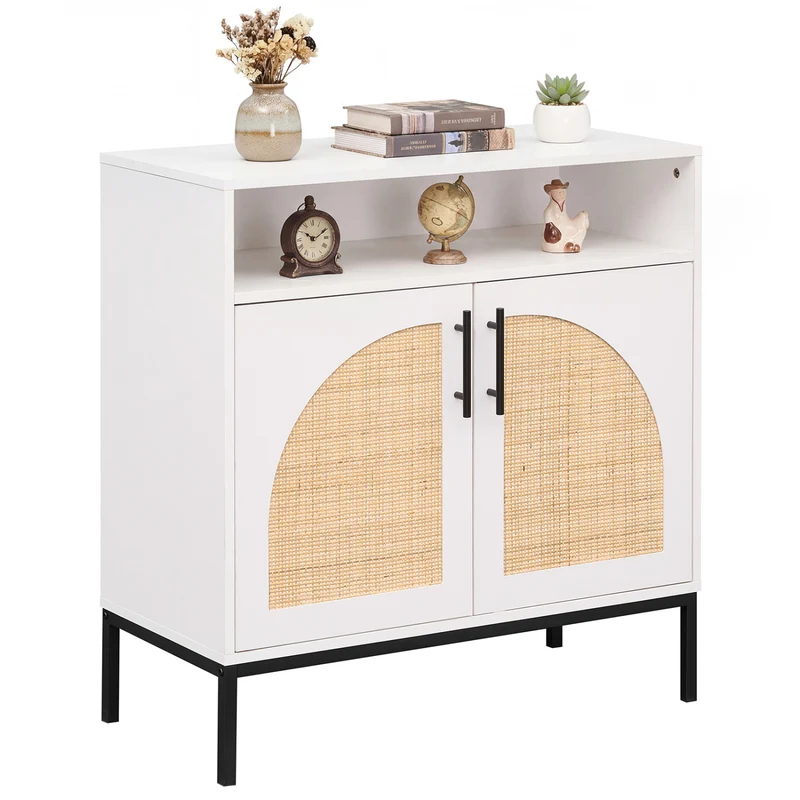 32" Sideboard Buffet Cabinet with Rattan Doors, White