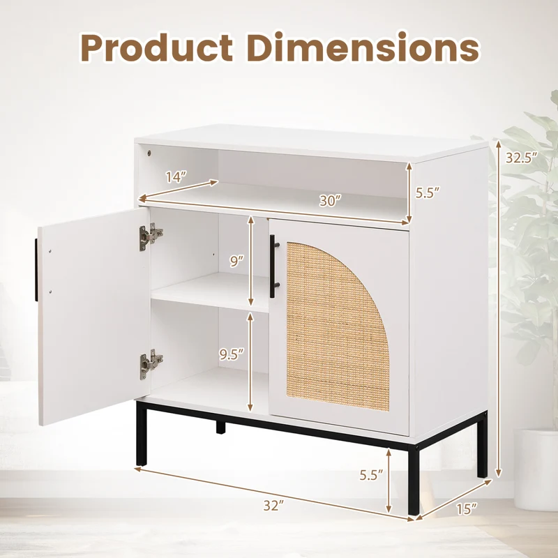 32" Sideboard Buffet Cabinet with Rattan Doors, White