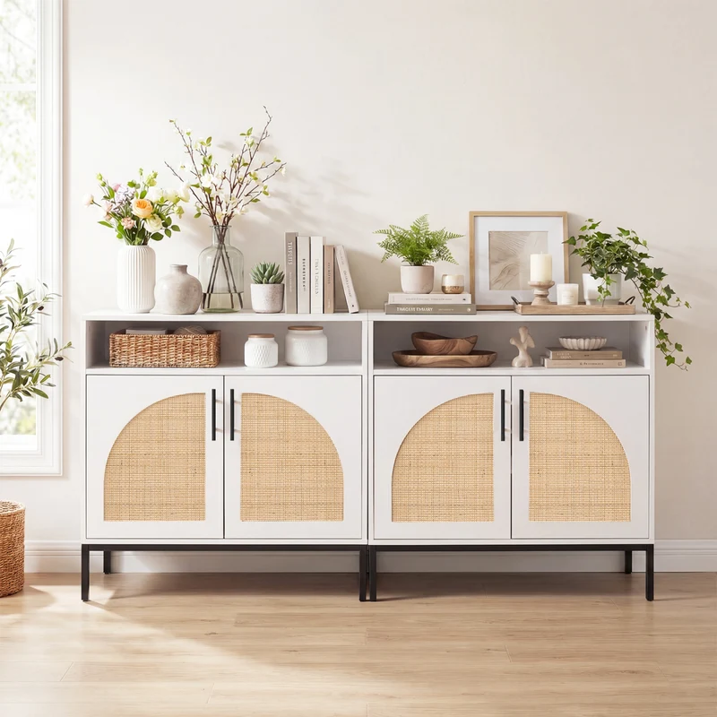 32" Sideboard Buffet Cabinet with Rattan Doors, White
