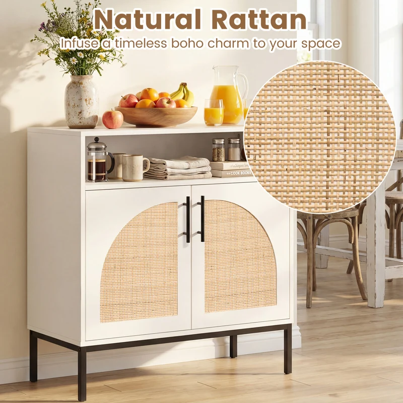 32" Sideboard Buffet Cabinet with Rattan Doors, White