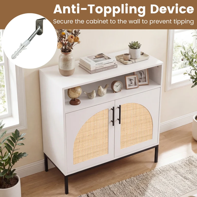 32" Sideboard Buffet Cabinet with Rattan Doors, White