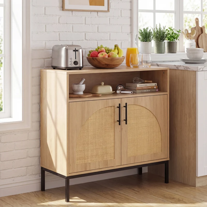 32" Sideboard Buffet Cabinet, 2 Rattan Doors, Adjustable Shelf, Natural