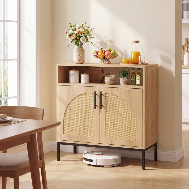 32" Sideboard Buffet Cabinet, 2 Rattan Doors, Adjustable Shelf, Natural