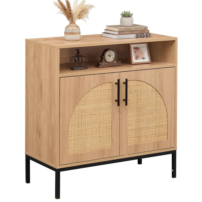 32" Sideboard Buffet Cabinet, 2 Rattan Doors, Adjustable Shelf, Natural