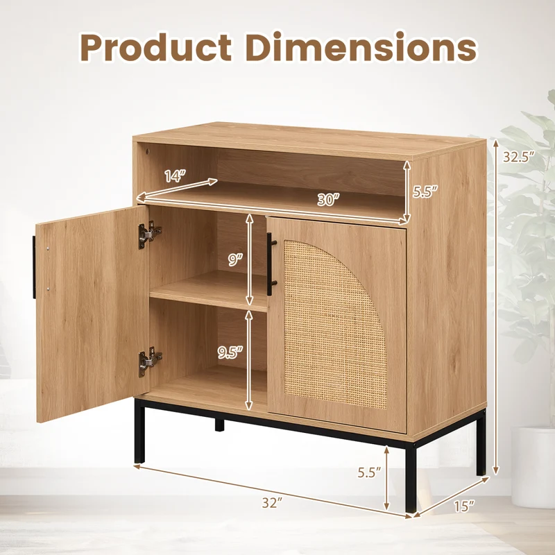 32" Sideboard Buffet Cabinet, 2 Rattan Doors, Adjustable Shelf, Natural