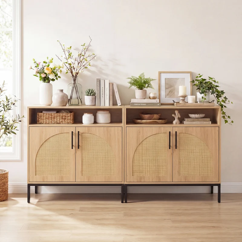 32" Sideboard Buffet Cabinet, 2 Rattan Doors, Adjustable Shelf, Natural
