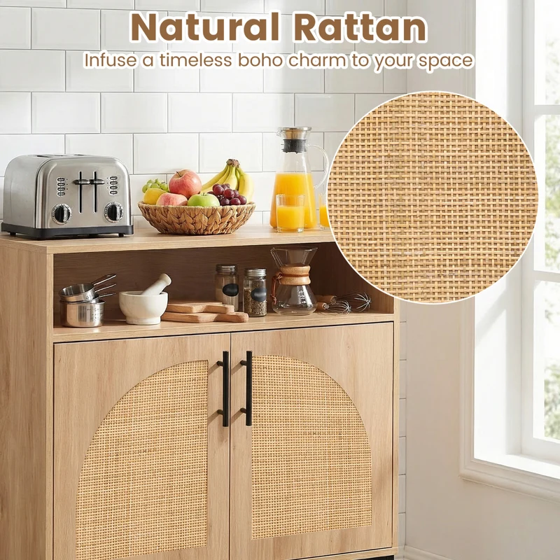 32" Sideboard Buffet Cabinet, 2 Rattan Doors, Adjustable Shelf, Natural