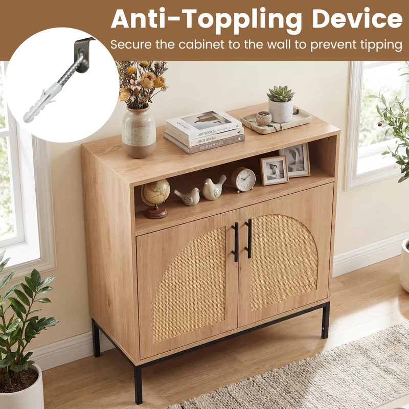 32" Sideboard Buffet Cabinet, 2 Rattan Doors, Adjustable Shelf, Natural