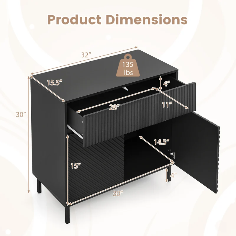 32" Wide Buffet Cabinet, 2 Doors, 1 Drawer, Black