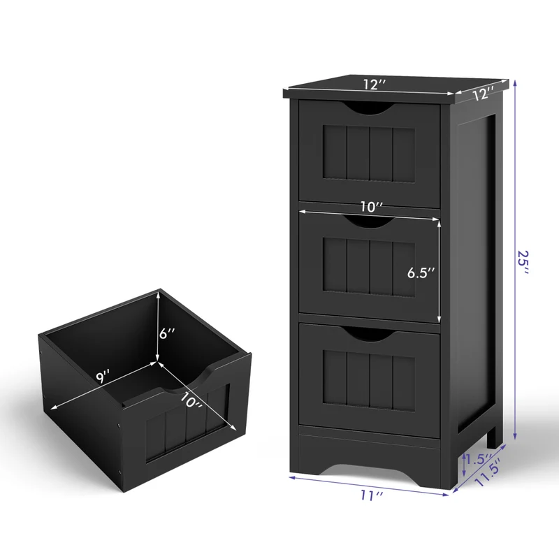 Wooden Bathroom Storage Cabinet, 3-Tier, Black