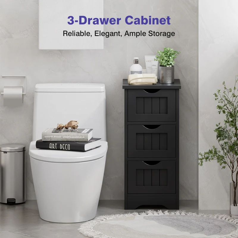 Wooden Bathroom Storage Cabinet, 3-Tier, Black