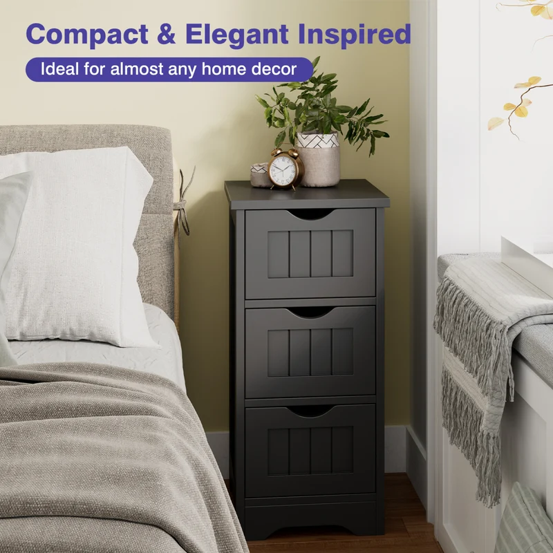 Wooden Bathroom Storage Cabinet, 3-Tier, Black