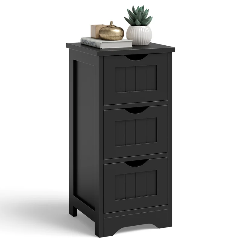 Wooden Bathroom Storage Cabinet, 3-Tier, Black