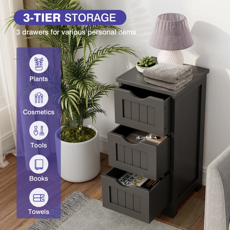 Wooden Bathroom Storage Cabinet, 3-Tier, Black