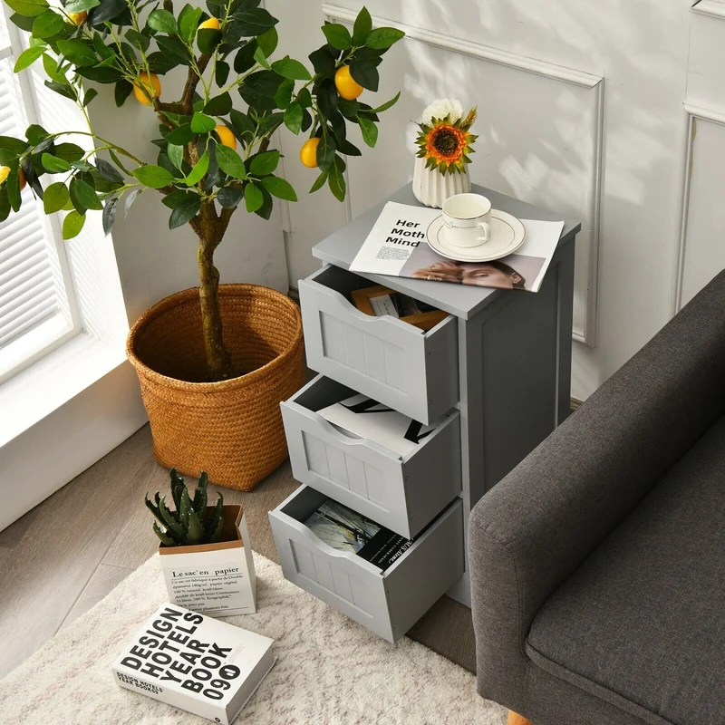Wooden Free Standing Storage Cabinet, 3-Tier, Gray