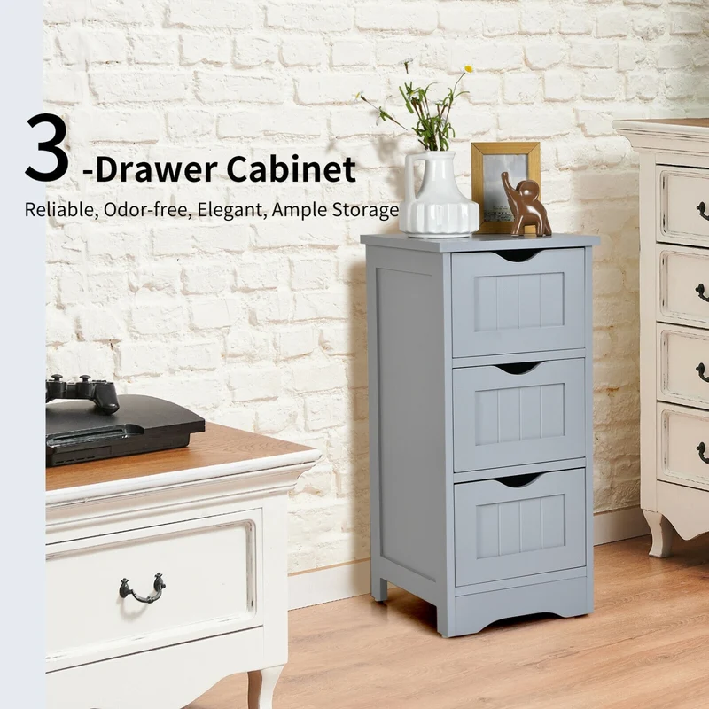 Wooden Free Standing Storage Cabinet, 3-Tier, Gray