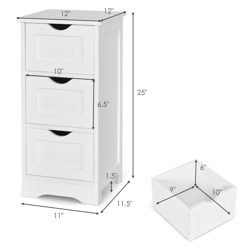 Wooden Bathroom Storage Cabinet, 3-Tier Free Standing Organizer, White