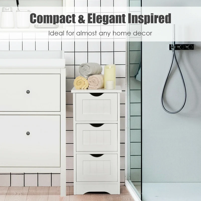 Wooden Bathroom Storage Cabinet, 3-Tier Free Standing Organizer, White